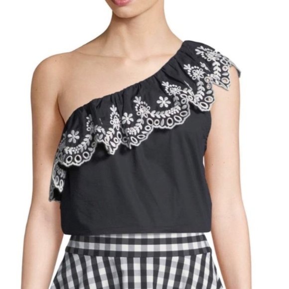 New KATE SPADE One Off Shoulder Eyelet Ruffle Blouse Top Cotton Black White Sz S - Picture 1 of 15
